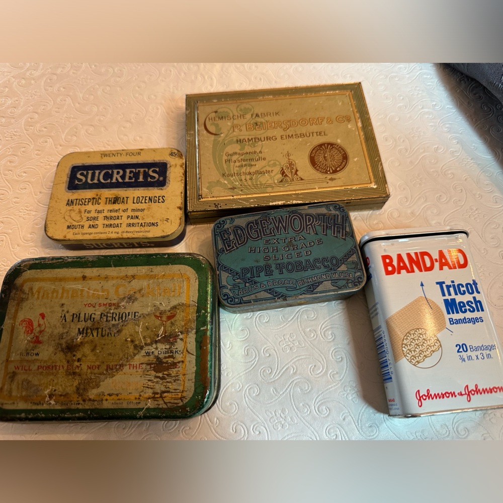 5 Vintage tins Edgeworth Manhattan Band-Aid Sucrets